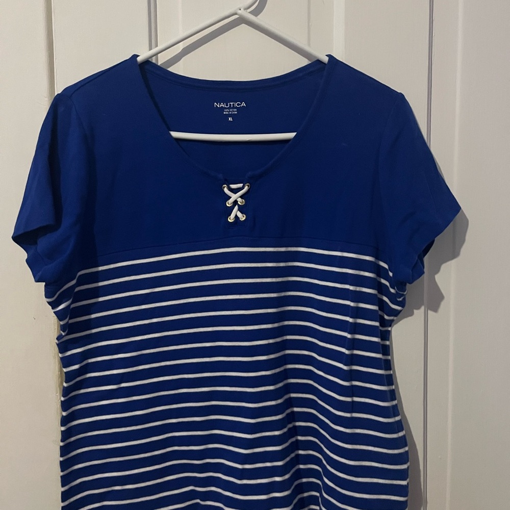 Nautica Women's Short Sleeve Blue and White Striped Tee